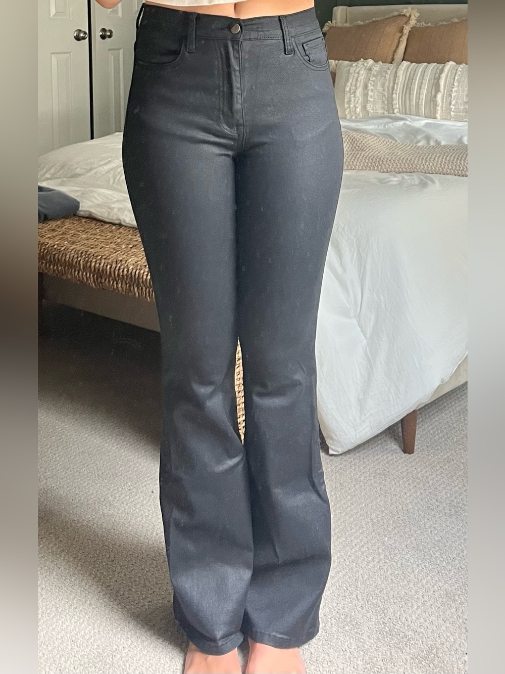 Black flare leather coated pants